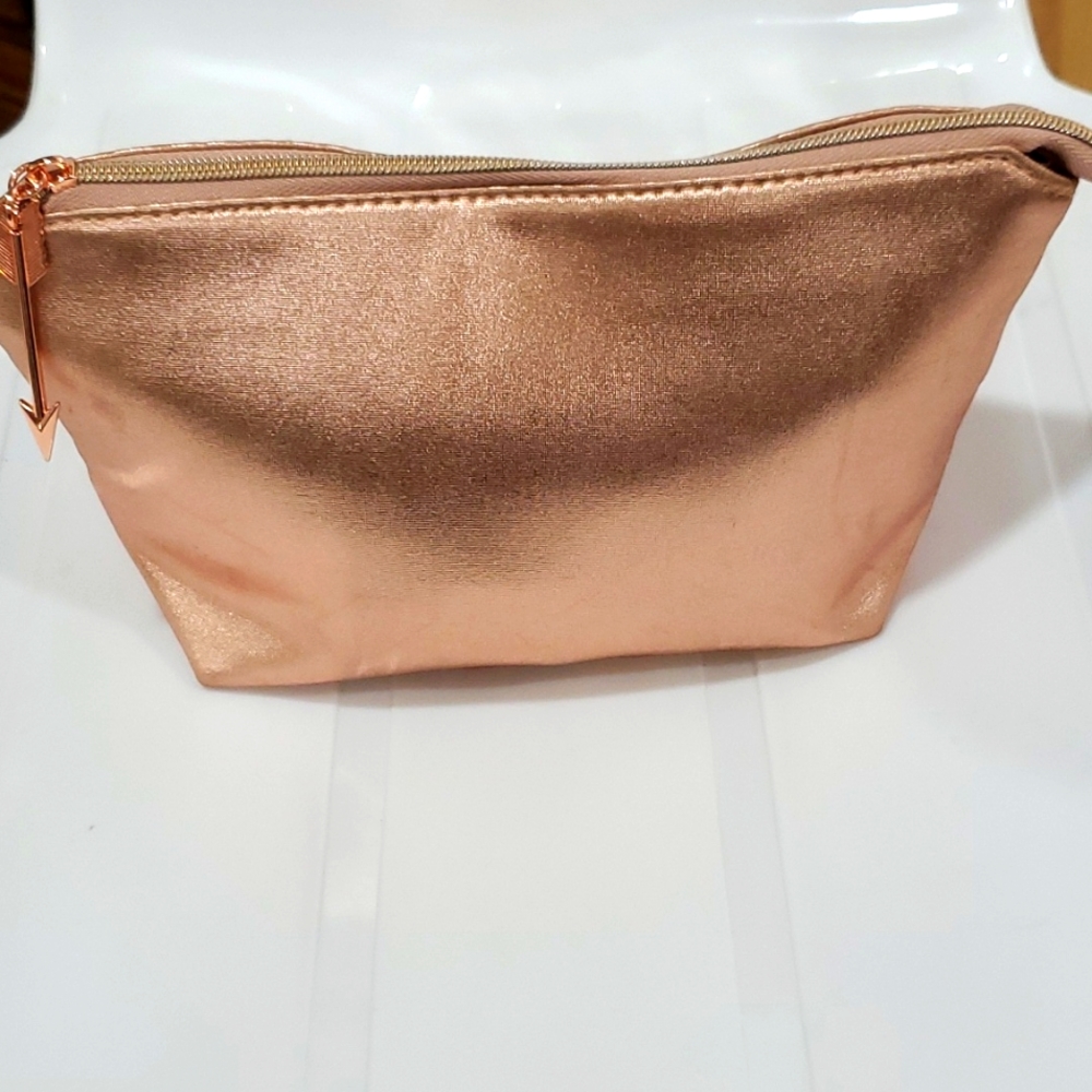 Lancome Metallic Rose Gold Cosmetic Makeup Bag 10" x 5.5". New